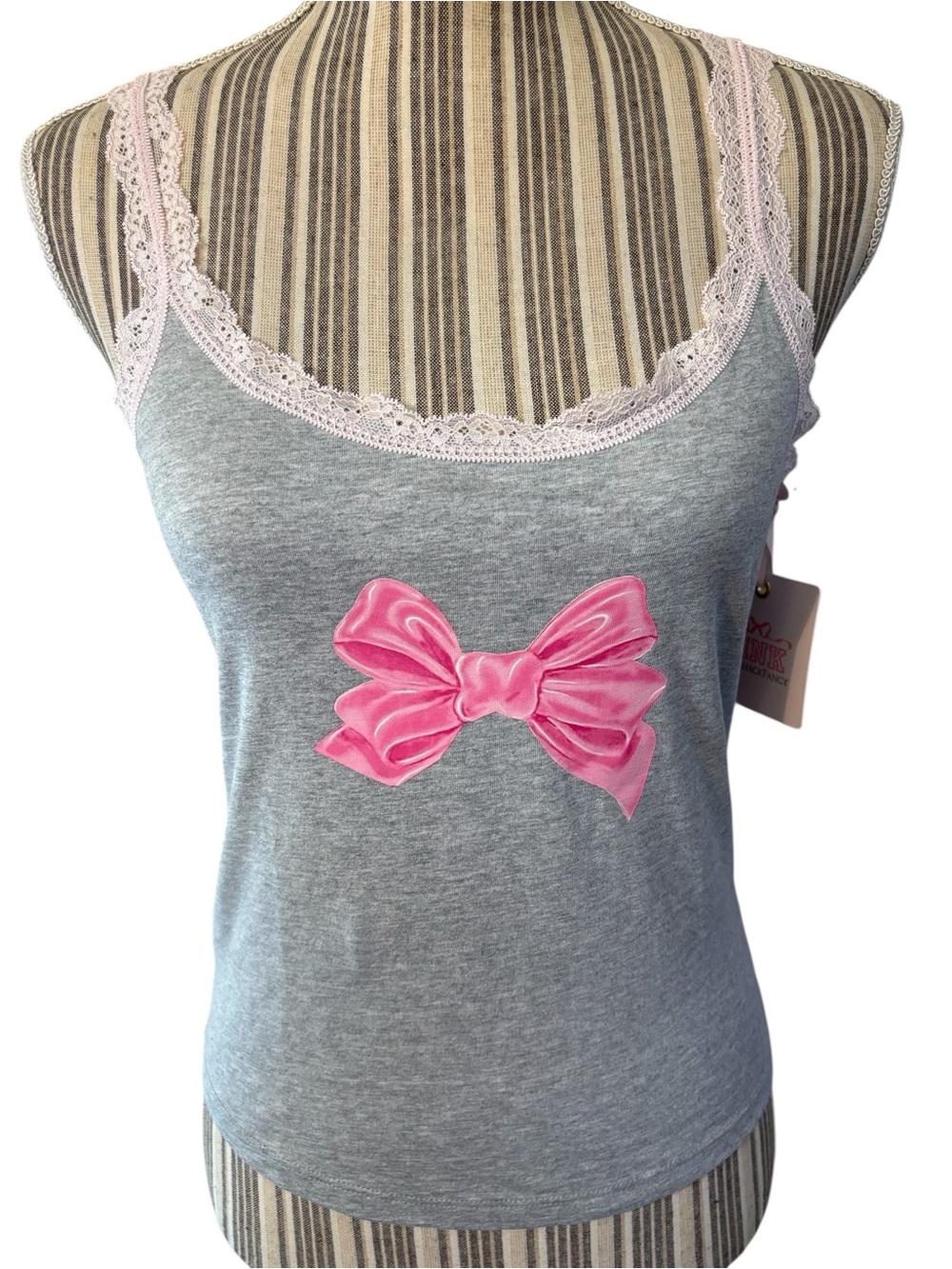 NWT LoveShackFancy X VS PINK Cami Medium Gray Pink Bow Lace Trim Tank Cotton NEW - Picture 3 of 16